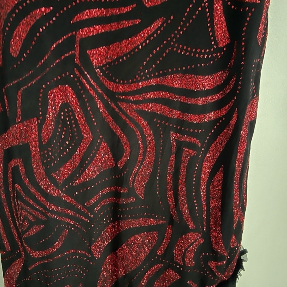 Y2K Black Red Glitter Asymmetrical Dress Ruffle Hem Spaghetti Strap Party Dress - Picture 6 of 14